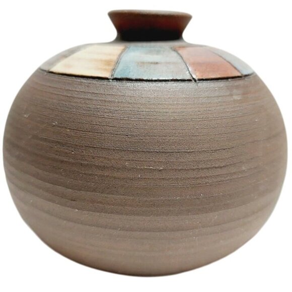 Hand Turned Studio Art Pottery Clay Weed Vase Multicolor Enamel Signed Base - Picture 2 of 8